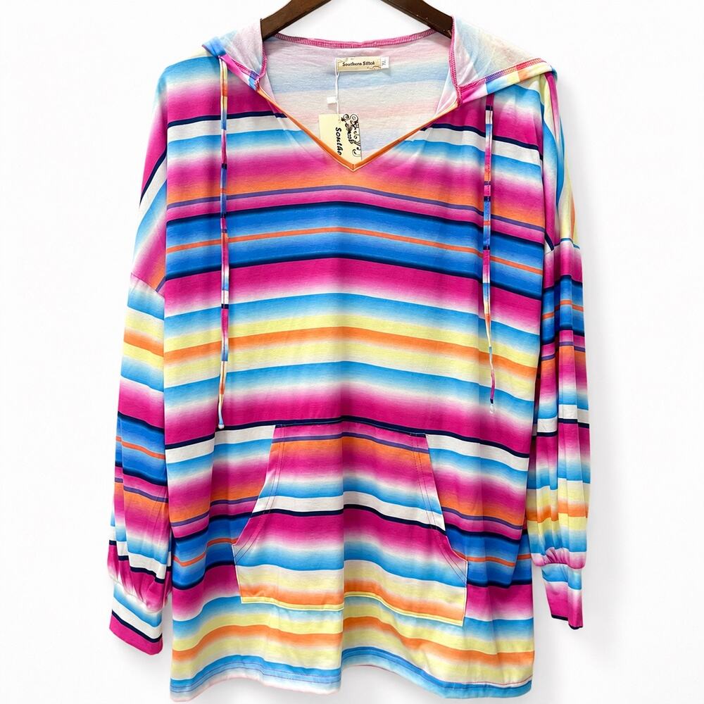 Southern Stitch XL Rainbow Serape Stripe Hooded Tunic Top Kangaroo Pocket NWT
